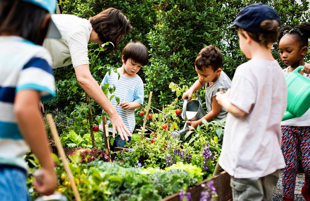 Kinder gießen junge Pflanzen